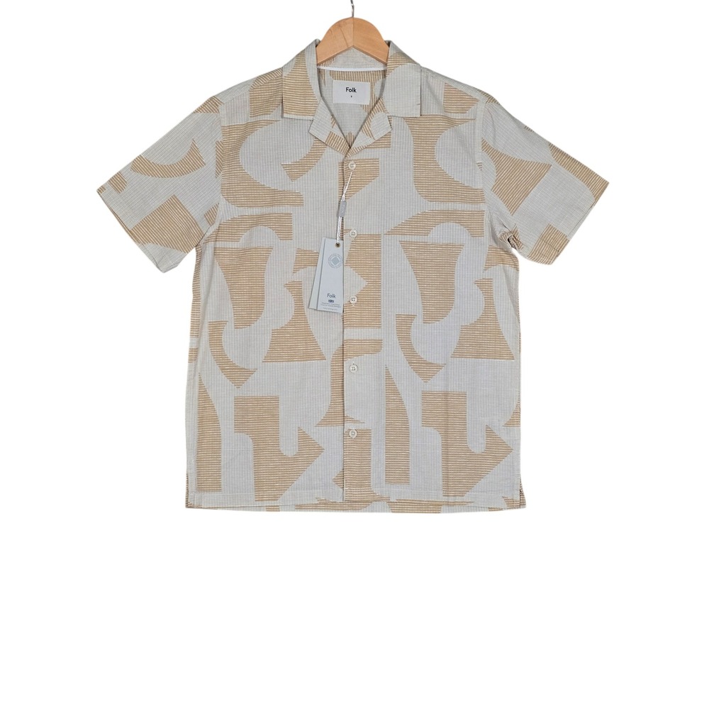 NWT Folk Men's Bays Yellow Seersucker Short Sleeve Shirt Cream Small